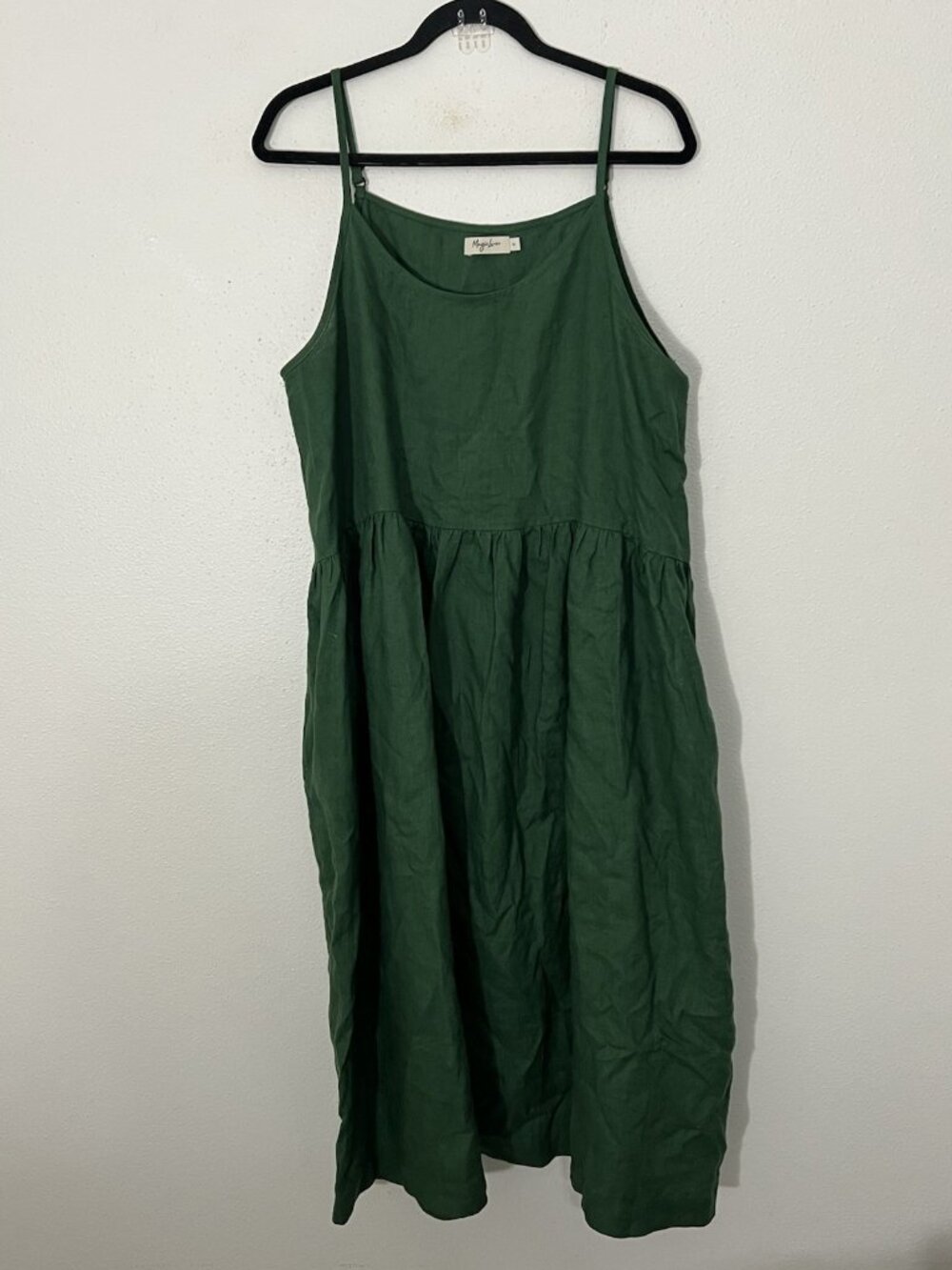 Magic Linen Midi Green Spaghetti Strap Dress Size XL Pockets